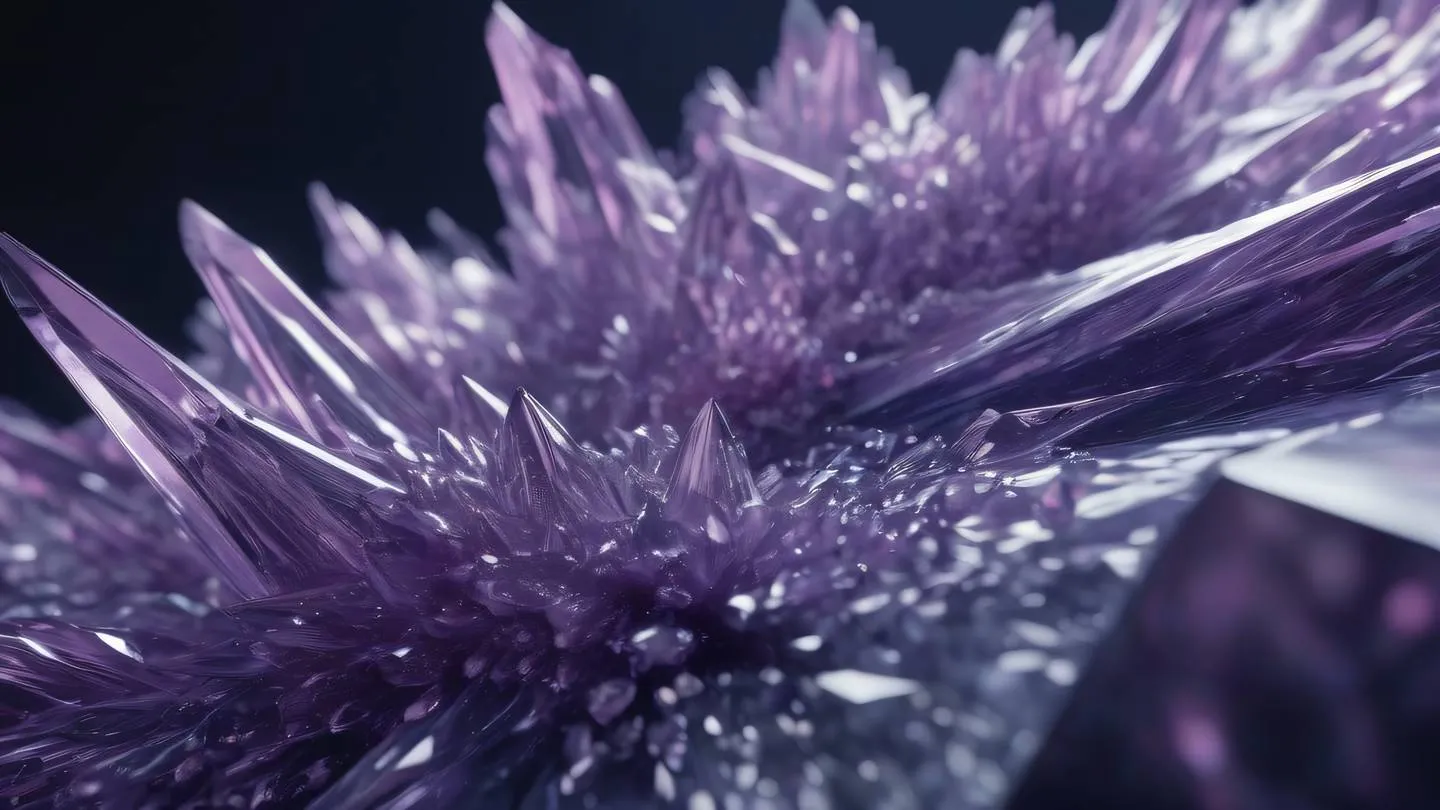 Crystalline structures with flowing energy patterns using bright zinc and lilac gradient colors against navy background captured from low angle perspective high-quality ultra-realistic cinematic 8K UHD high resolution sharp and detail