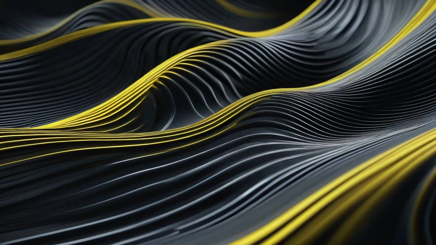 Abstract wave patterns representing digital transformation featuring bright canary yellow and cool zinc metallic surfaces flowing against off-black background bird's eye view perspective high-quality ultra-realistic cinematic 8K UHD high resolution sharp and detail