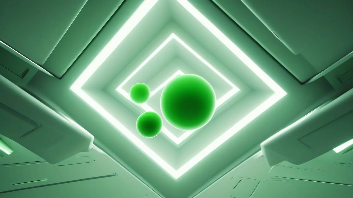 Abstract geometric shapes floating in zero gravity space with soft light rays piercing through featuring neon green and off-white color palette. Shot from low angle perspective ultra-realistic cinematic 8K UHD high resolution sharp and detail