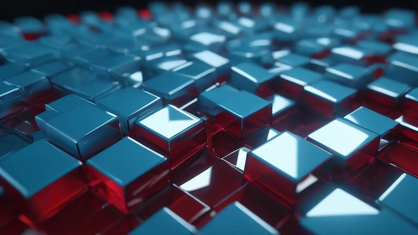 Crystalline structure with sharp angles and smooth surfaces featuring baby blue and ruby red gradients. Shot from dynamic diagonal angle high-quality ultra-realistic cinematic 8K UHD high resolution sharp and detail