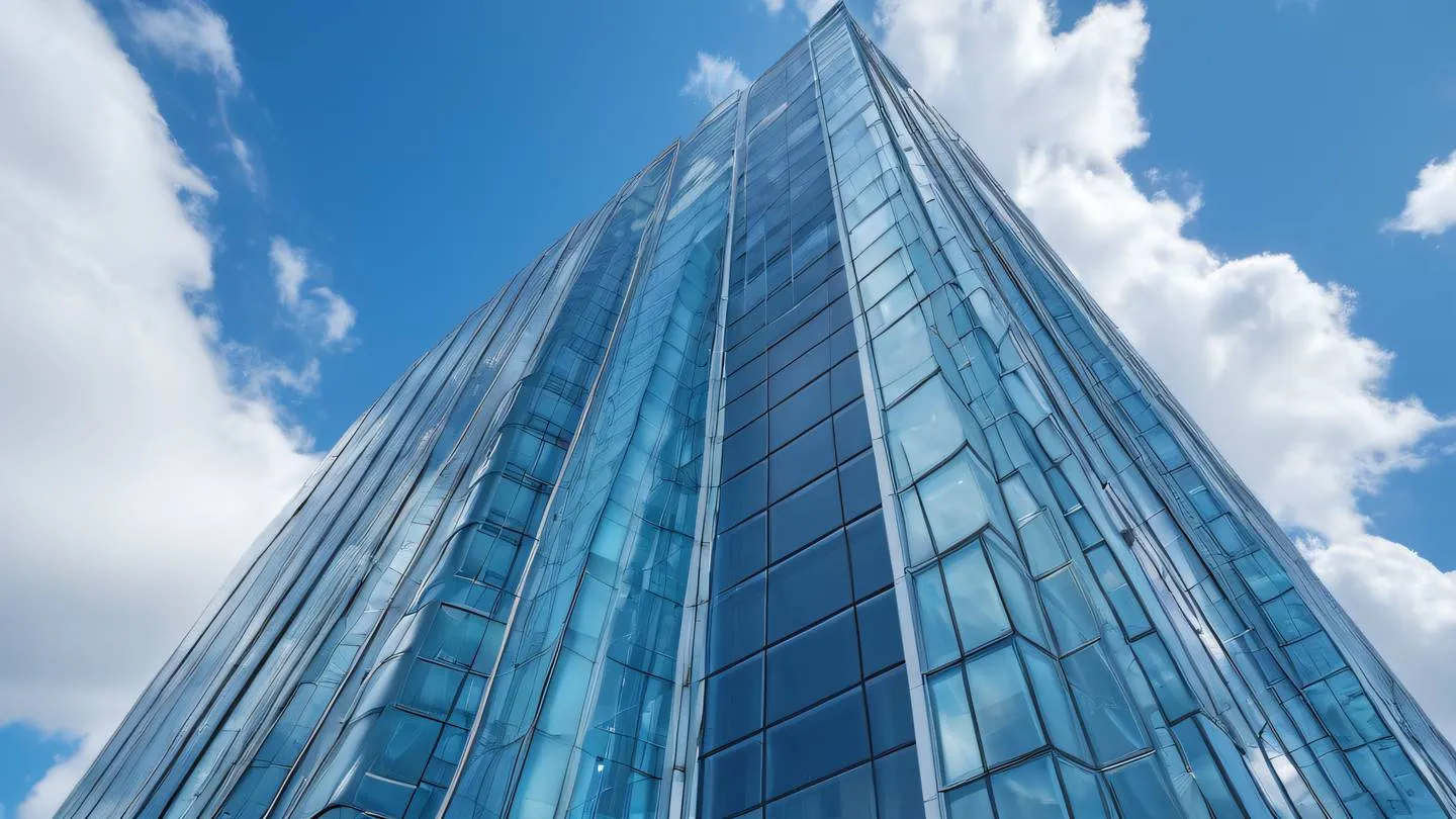 A futuristic modern tech building exterior with glass facade reflecting clouds dominated by light blue and cobalt colors architectural photography from ground up angle high-quality ultra-realistic cinematic 8K UHD high resolution sharp and detail