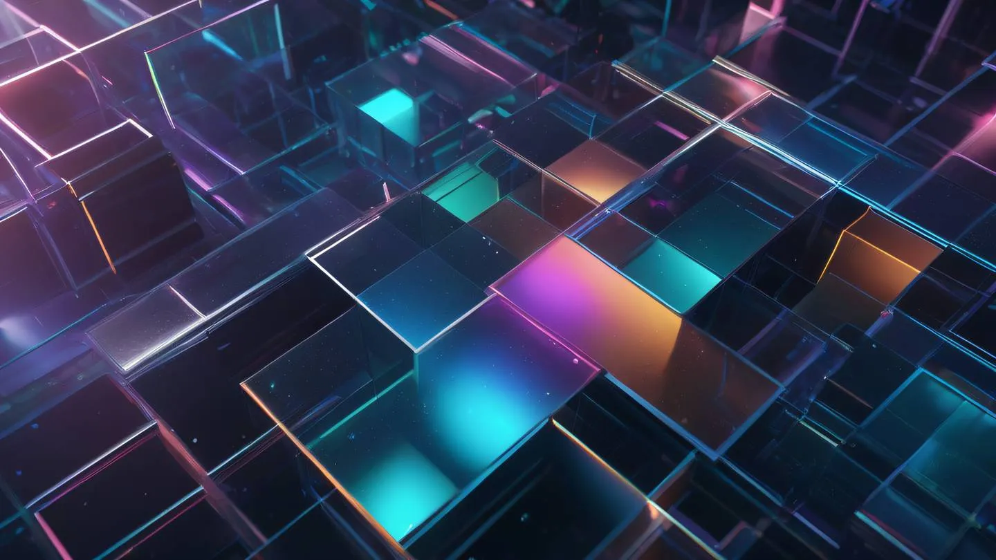 Abstract geometric shapes floating in space with overlapping transparent layers in iridescent colors shot from top-down perspective high-quality ultra-realistic cinematic 8K UHD high resolution sharp and detail