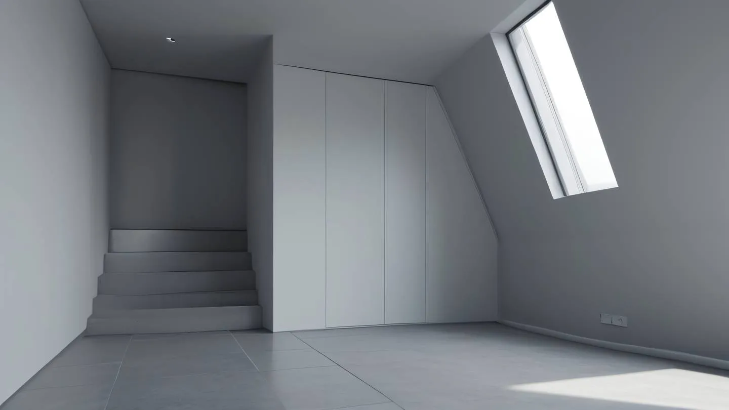 Minimalist architectural interior with clean lines and geometric shadows featuring modern grey tones and natural light photographed from corner angle high-quality ultra-realistic cinematic 8K UHD high resolution sharp and detail