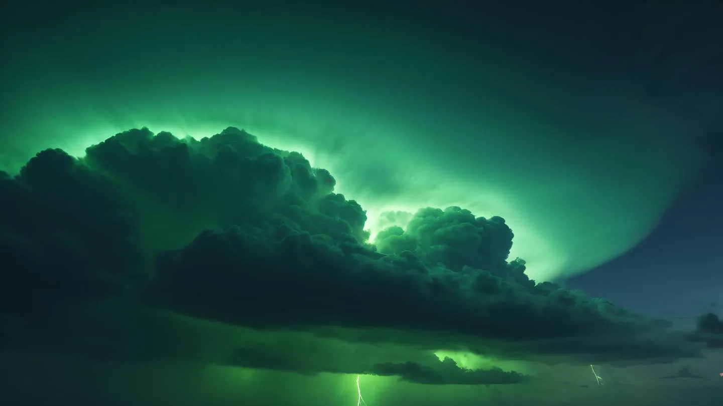 Abstract flowing cloud formations with streaks of neon green light rays piercing through dark green storm clouds captured from a low angle perspective looking upward high-quality ultra-realistic cinematic 8K UHD high resolution sharp and detail