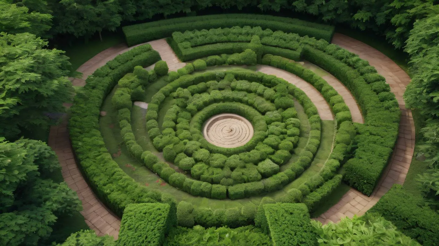 Aerial view of a perfectly organized zen garden with rustic terracotta stone pathways winding through precisely trimmed forest green hedges high-quality ultra-realistic cinematic 8K UHD high resolution sharp and detail