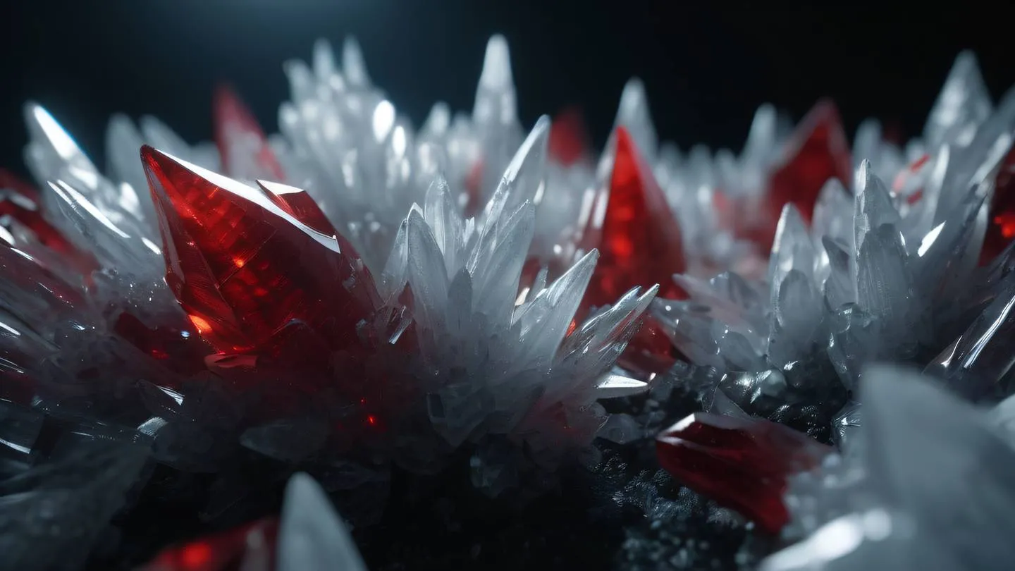 Close-up macro shot of luminous white and red crystalline structures emerging from darkness captured with a tilted camera angle high-quality ultra-realistic cinematic 8K UHD high resolution sharp and detail