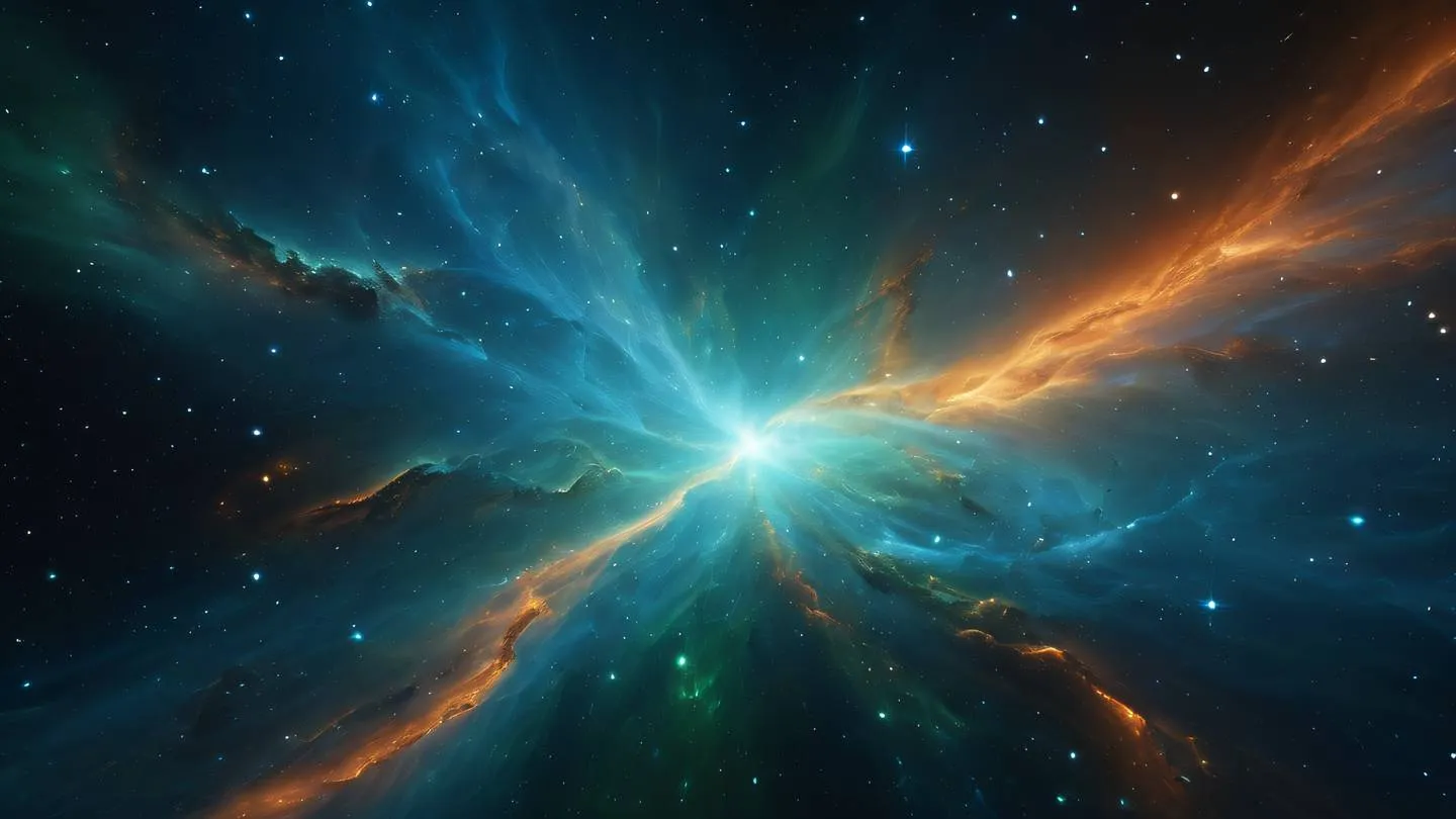 Wide-angle shot of an abstract cosmic scene with swirling blue nebulas intersecting with green aurora-like patterns and bursts of orange energy photographed straight on high-quality ultra-realistic cinematic 8K UHD high resolution sharp and detail