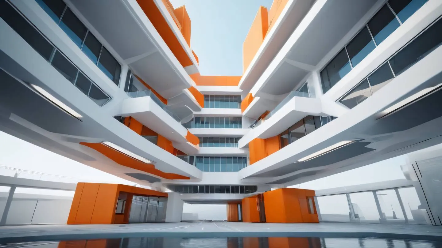 Modern futuristic architecture with floating geometric shapes featuring clean lines and bold contemporary elements dominated by bright orange and white color scheme shot from a dramatic upward angle ultra-realistic cinematic 8K UHD high resolution sharp and detailed