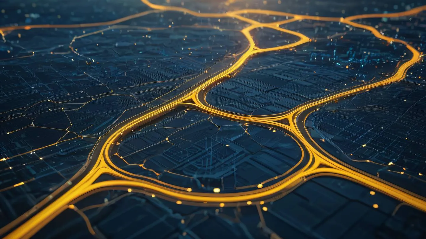 Abstract technological landscape with interconnected nodes and flowing data streams featuring minimalist yellow orange and blue color palette captured from an aerial perspective high-quality ultra-realistic cinematic 8K UHD high resolution sharp and detailed