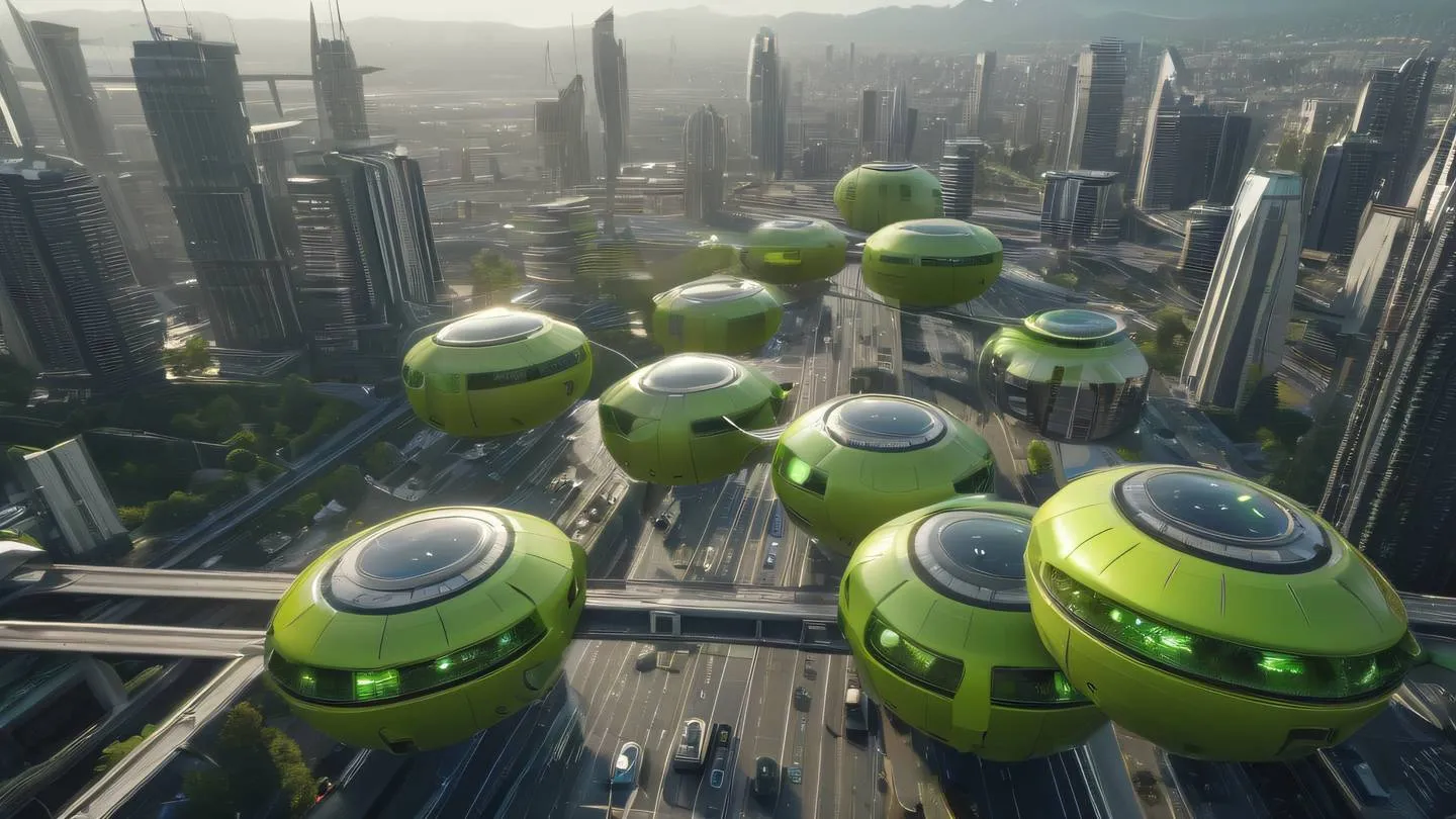 Futuristic city skyline with floating transportation pods and energy streams bright lime and contemporary brown color scheme photographed from a bird's eye view high-quality ultra-realistic cinematic 8K UHD high resolution sharp and detailed