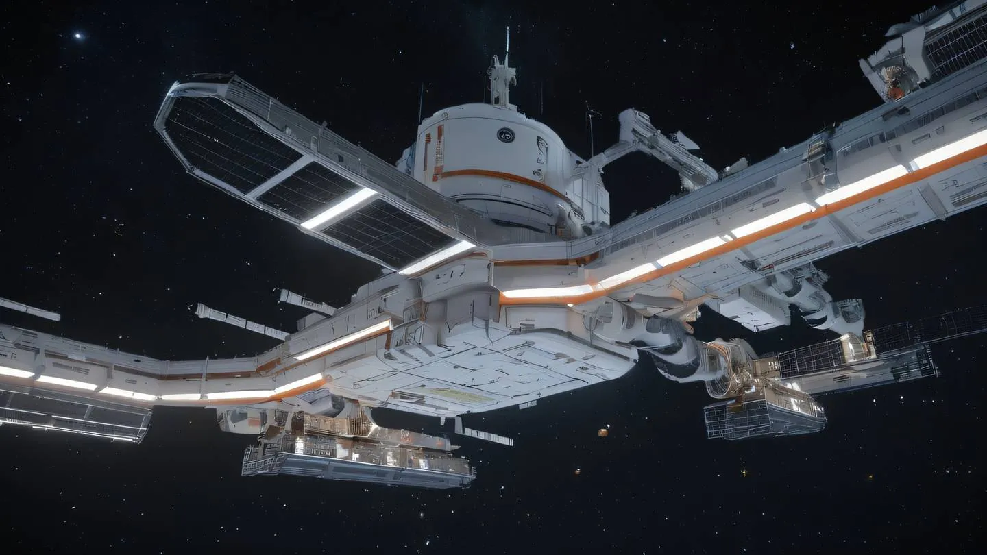 Space station with interconnected modules and energy conduits featuring contemporary white and orange color palette viewed from a low angle perspective with stars in background high-quality ultra-realistic cinematic 8K UHD high resolution sharp and detailed