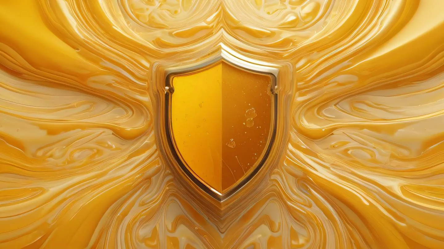 A beautiful abstract fluid art representing digital security and protection flowing patterns in bright amber and butterscotch yellow colors creating an ethereal shield-like formation captured from a top-down perspective high-quality ultra-realistic cinematic 8K UHD high resolution sharp and detail