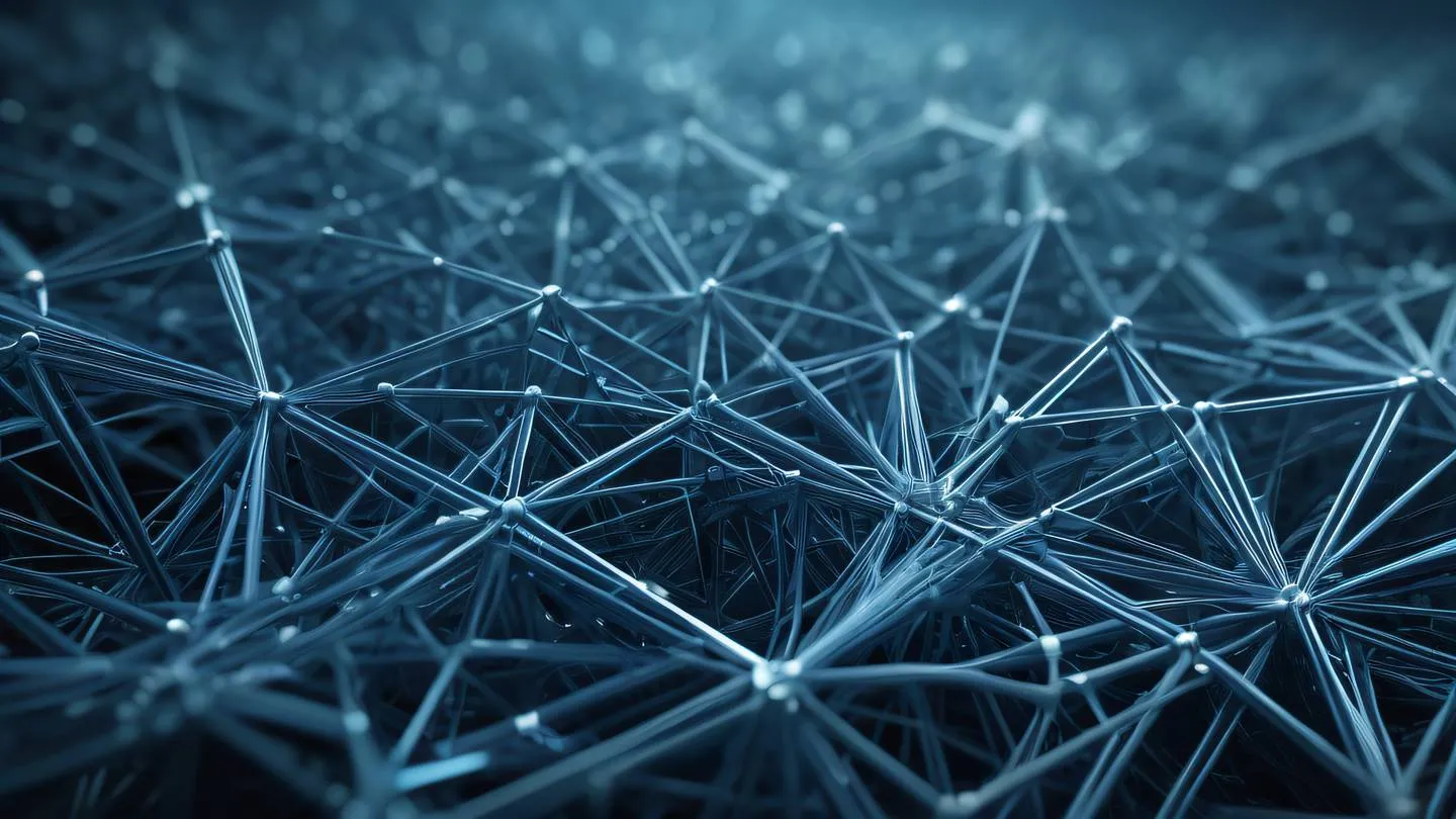 Abstract geometric patterns representing network connections featuring cool blue and silver tones forming interconnected crystalline structures shot from a 45-degree angle high-quality ultra-realistic cinematic 8K UHD high resolution sharp and detail