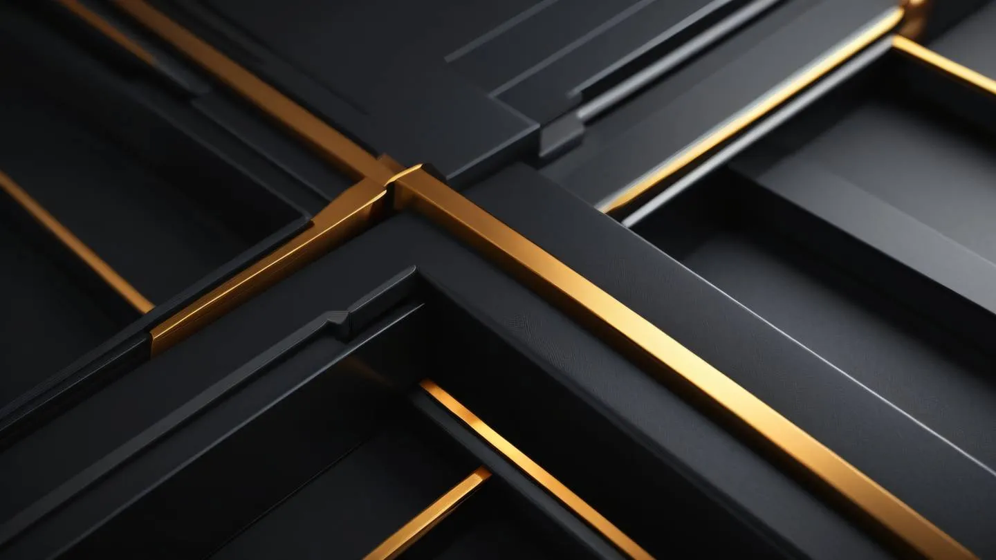 Elegant abstract composition of interlocking shapes suggesting strength and security in rich black and charcoal tones with subtle amber accents viewed from a straight-on perspective high-quality ultra-realistic cinematic 8K UHD high resolution sharp and detail