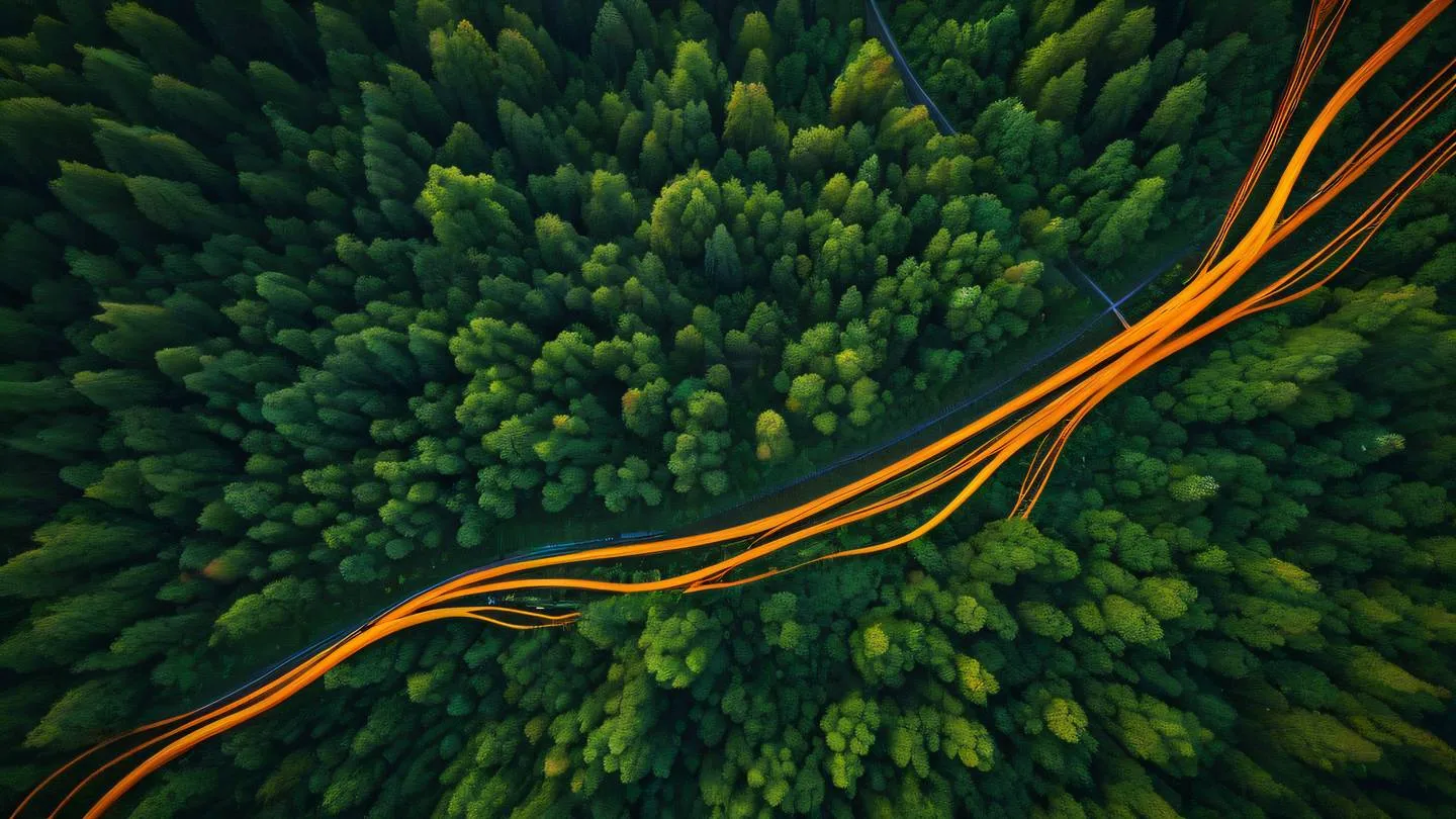 Abstract technology connection concept showing interconnected nodes and pathways flowing data streams in bright orange and forest green colors overhead drone shot ultra-realistic cinematic 8K UHD high resolution sharp and detailed