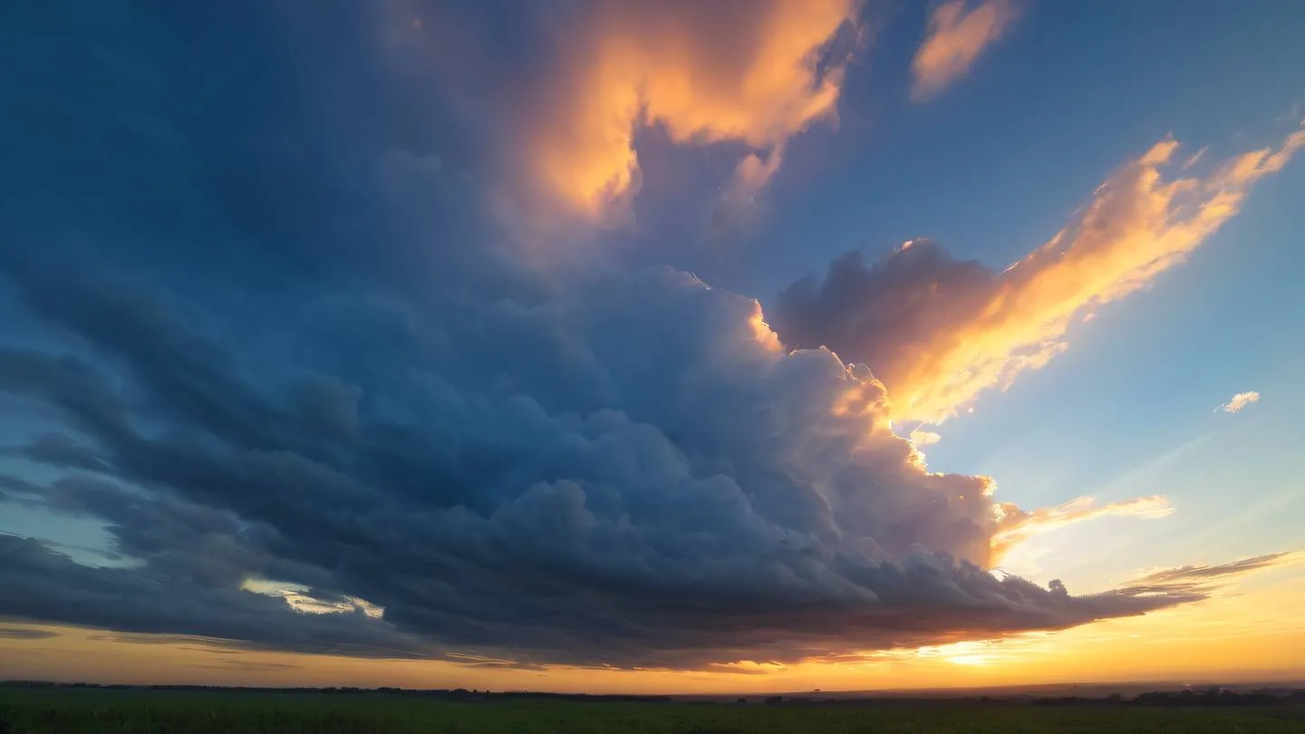 Serene cloud formations at sunset with streaming rays of light showcasing vibrant blue and orange color palette captured from ground level looking up high-quality ultra-realistic cinematic 8K UHD high resolution sharp and detailed