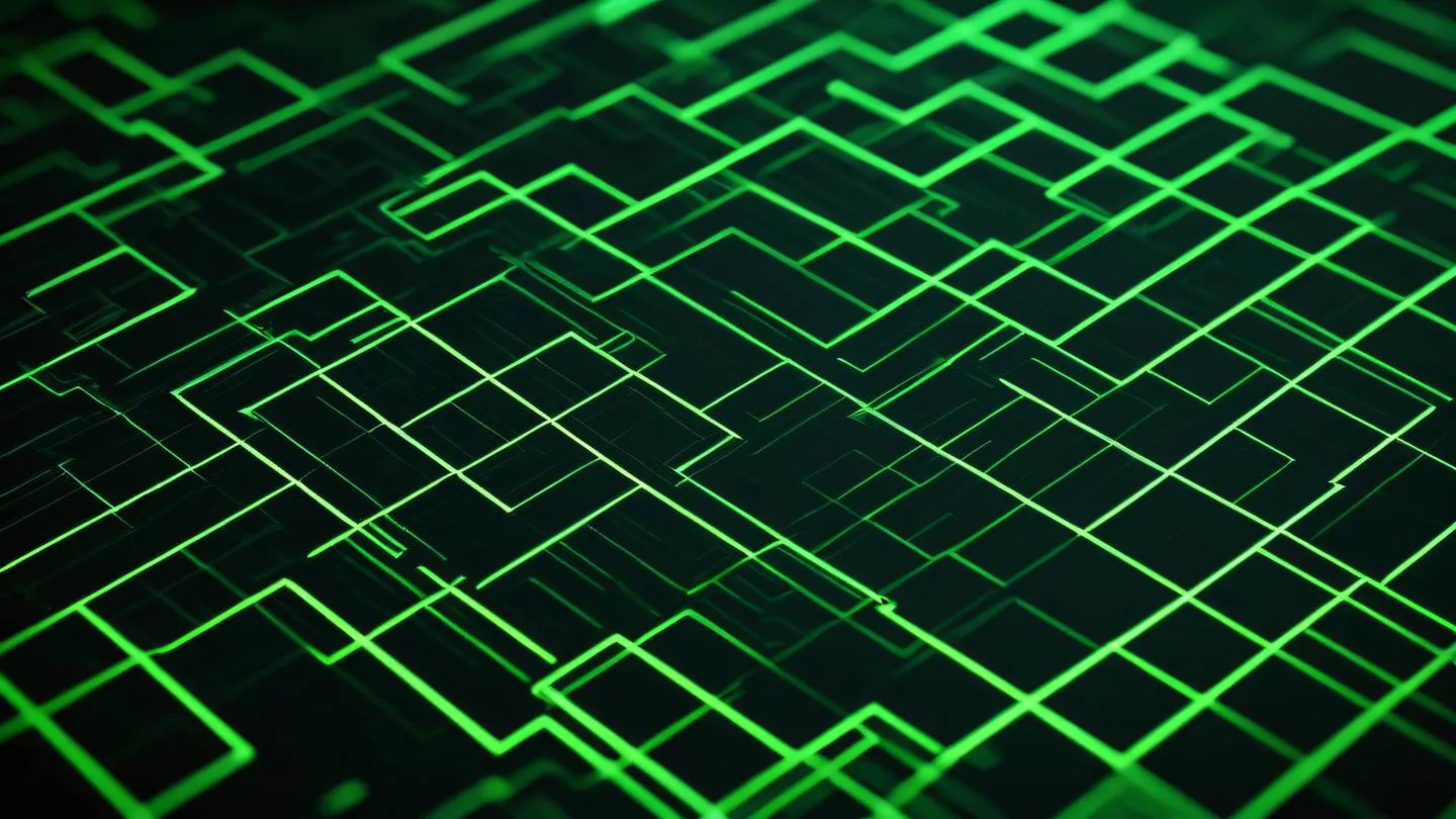 Dynamic geometric patterns in dark green and neon green representing digital transformation shot from a 45-degree angle high-quality ultra-realistic cinematic 8K UHD high resolution sharp and detailed