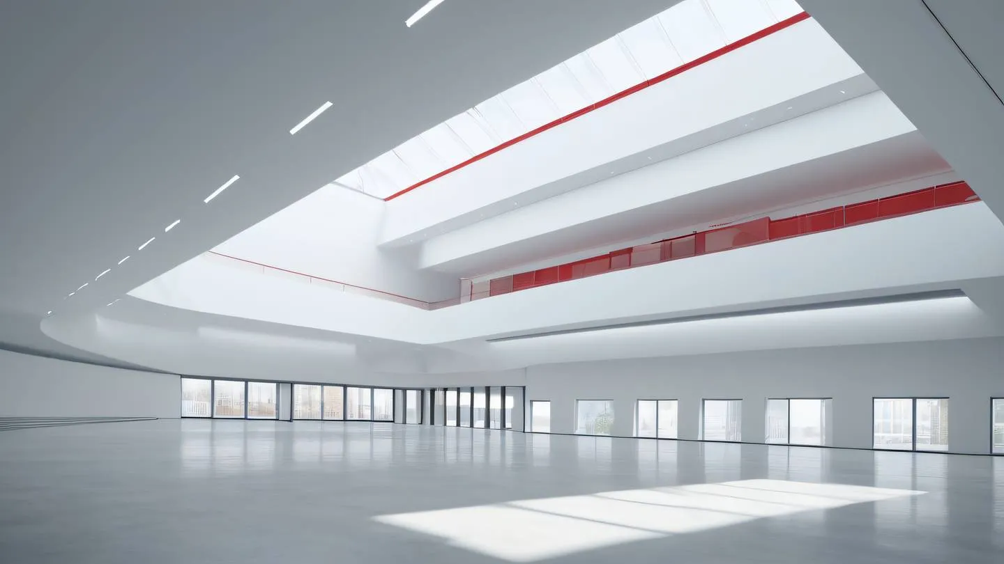 Minimalist architectural interior with streaming natural light through windows dominated by clean whites and bold reds low angle perspective looking up high-quality ultra-realistic cinematic 8K UHD high resolution sharp and detailed