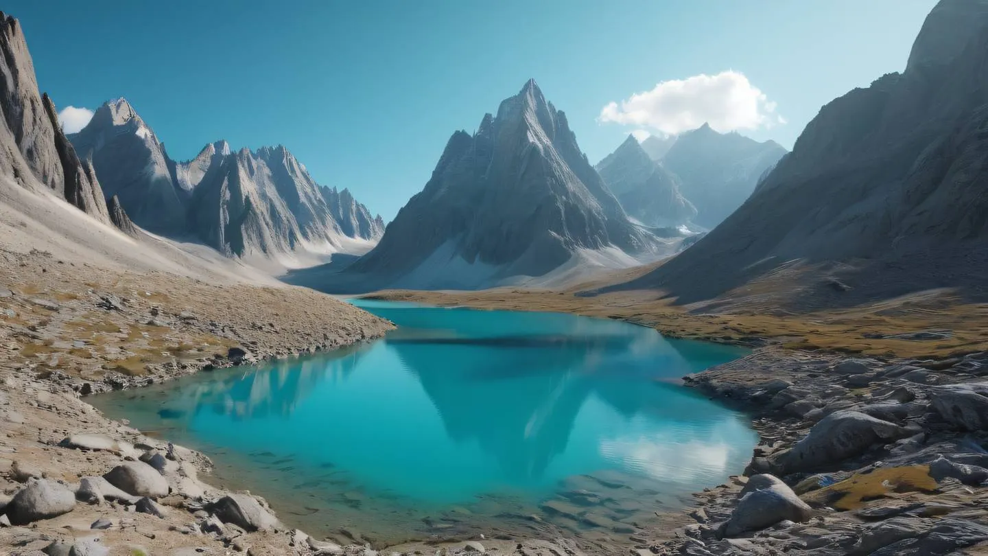 A serene mountain landscape with interconnected geometric patterns floating above featuring stone-colored peaks and bright turquoise lakes sharp rocky formations in the foreground viewed from a low angle perspective high-quality ultra-realistic cinematic 8K UHD high resolution sharp and detail