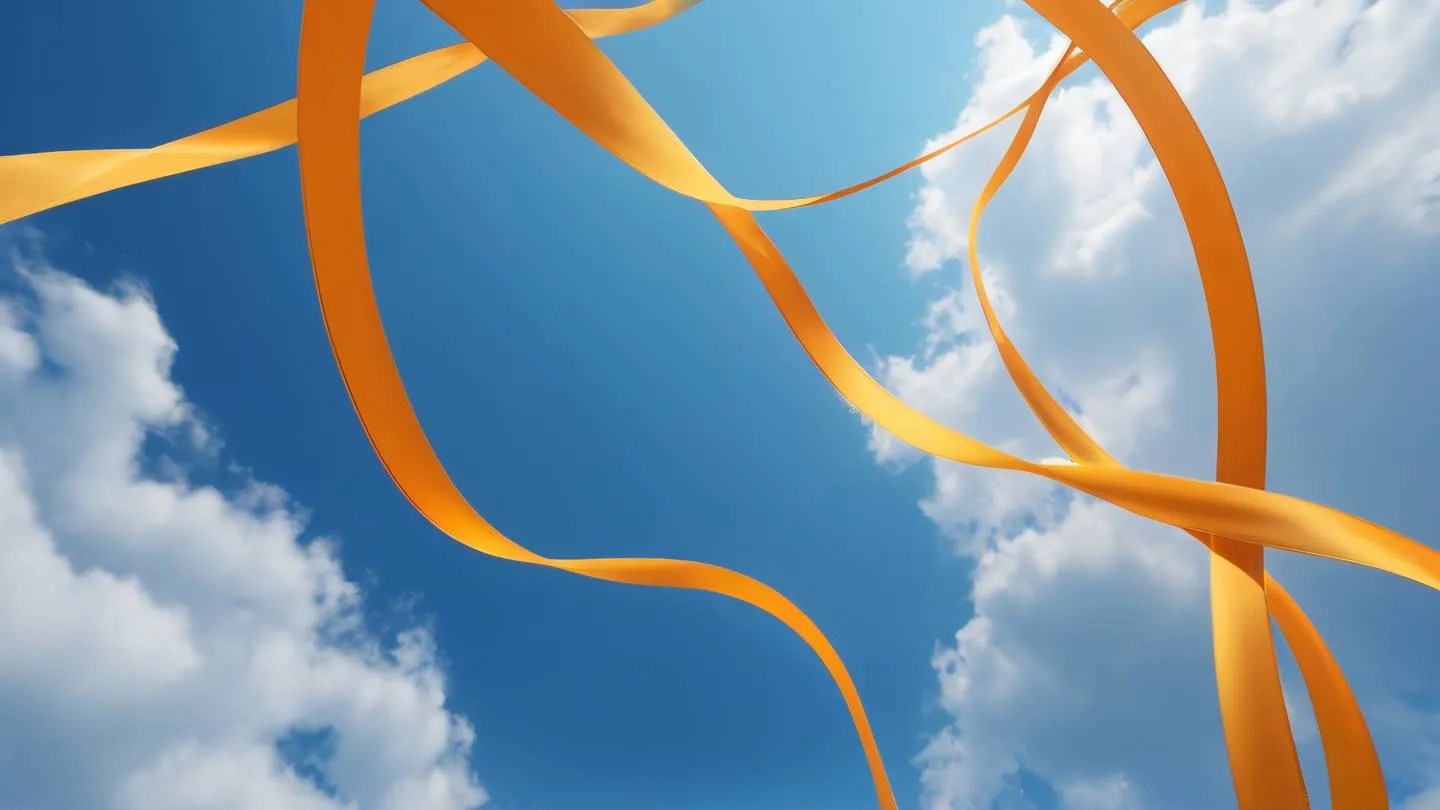 Abstract flowing data streams represented by bright orange and golden ribbons interweaving through a clear blue sky with wispy clouds captured from a birds-eye view high-quality ultra-realistic cinematic 8K UHD high resolution sharp and detail