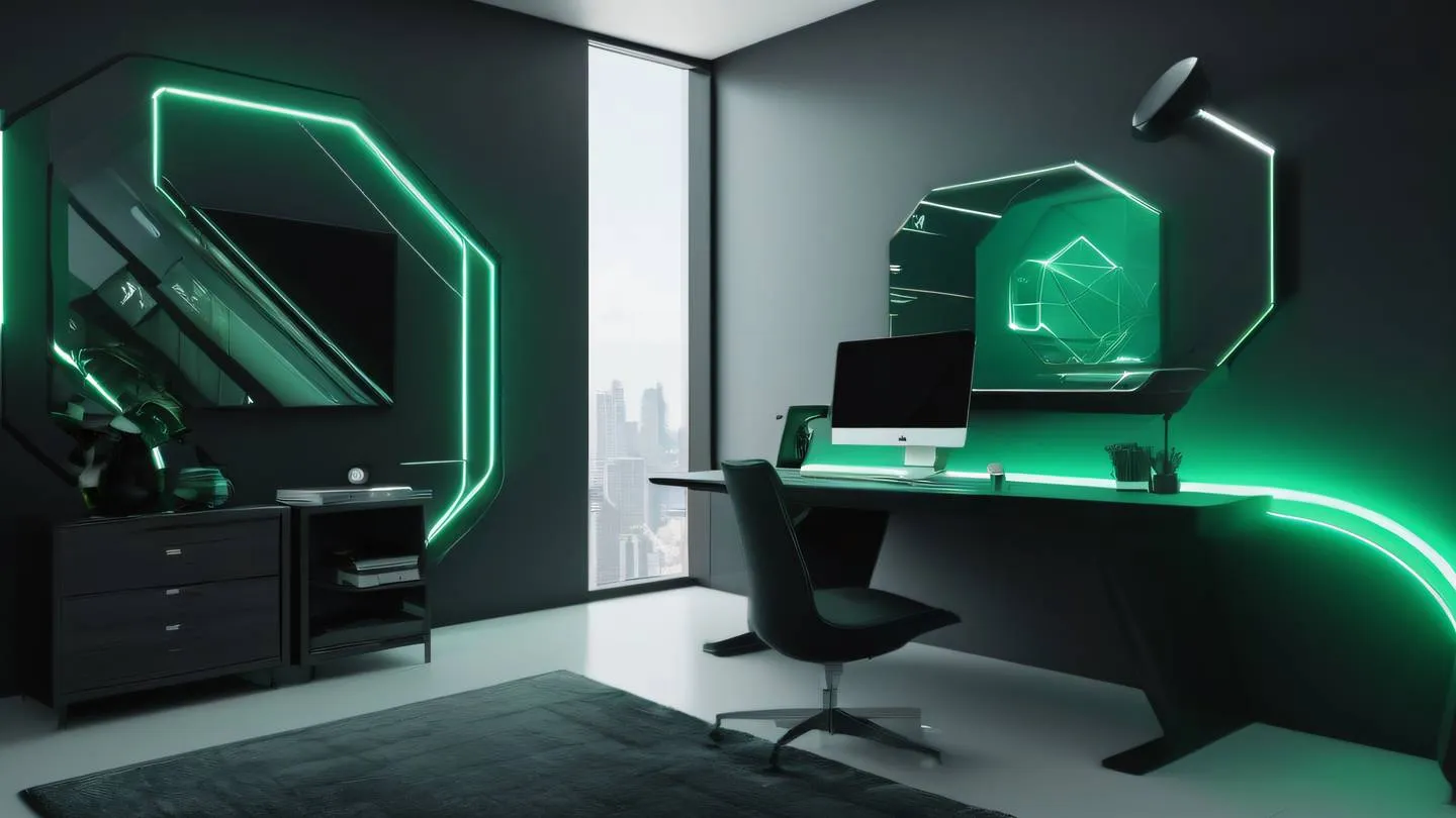 A modern minimalist tech workspace with floating geometric shapes and abstract digital elements featuring sleek curves and clean lines. Colors: bright emerald green (#00FF90) and deep charcoal black (#1A1A1A). Camera angle: Wide angle front view high resolution ultra-realistic cinematic 8K UHD sharp and detailed