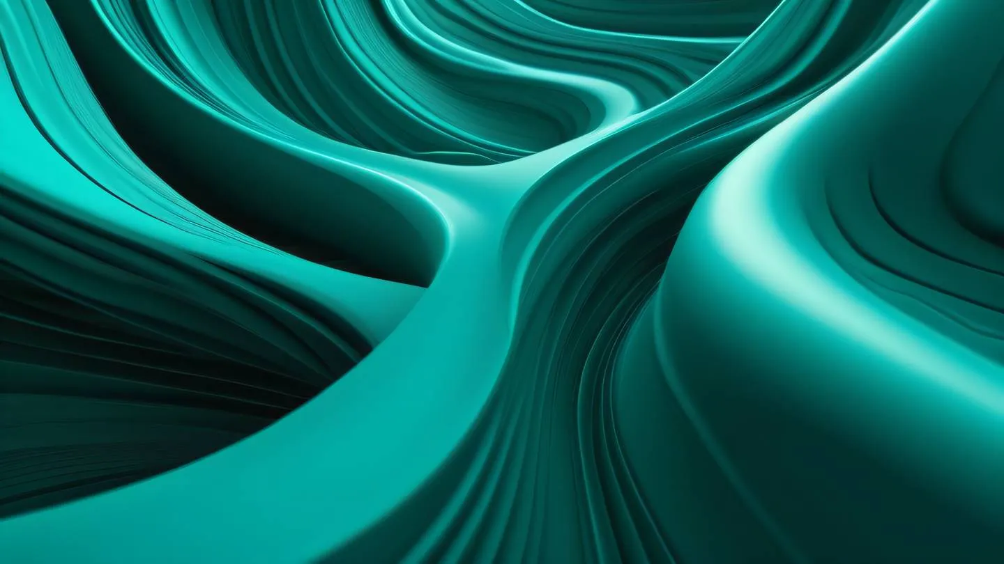 Organic abstract shapes with flowing lines representing data transformation featuring smooth curves and geometric patterns. Colors: Vibrant cyan (#00FFF0) and forest green (#228B22) gradients. Camera angle: Dutch angle (tilted) view high-quality ultra-realistic cinematic 8K UHD sharp and detailed