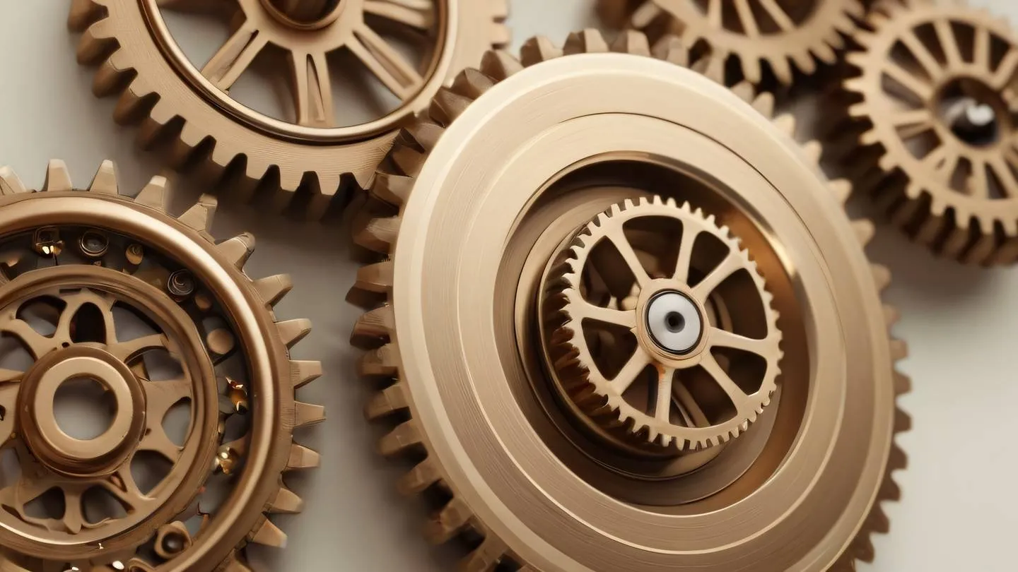 Abstract mechanical gears and flowing energy patterns in a sophisticated technological composition. Colors: Warm bronze (#CD7F32) with subtle earth tones (#8B4513) against a light cream background (#FFFDD0). Camera angle: Macro close-up view high-quality ultra-realistic cinematic 8K UHD sharp and detailed