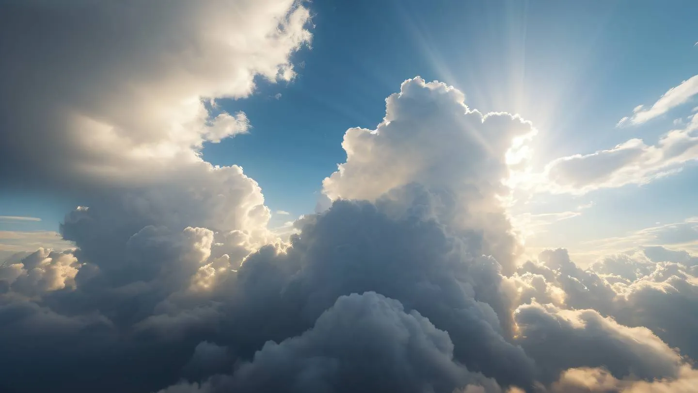 Ethereal cloudscape with streaming rays of sunlight breaking through layers of clouds. Color palette: Bright gray and white with golden accents. Camera angle: Wide-angle shot from below capturing the expansive sky. Style: high-quality ultra-realistic cinematic 8K UHD high resolution sharp and detail