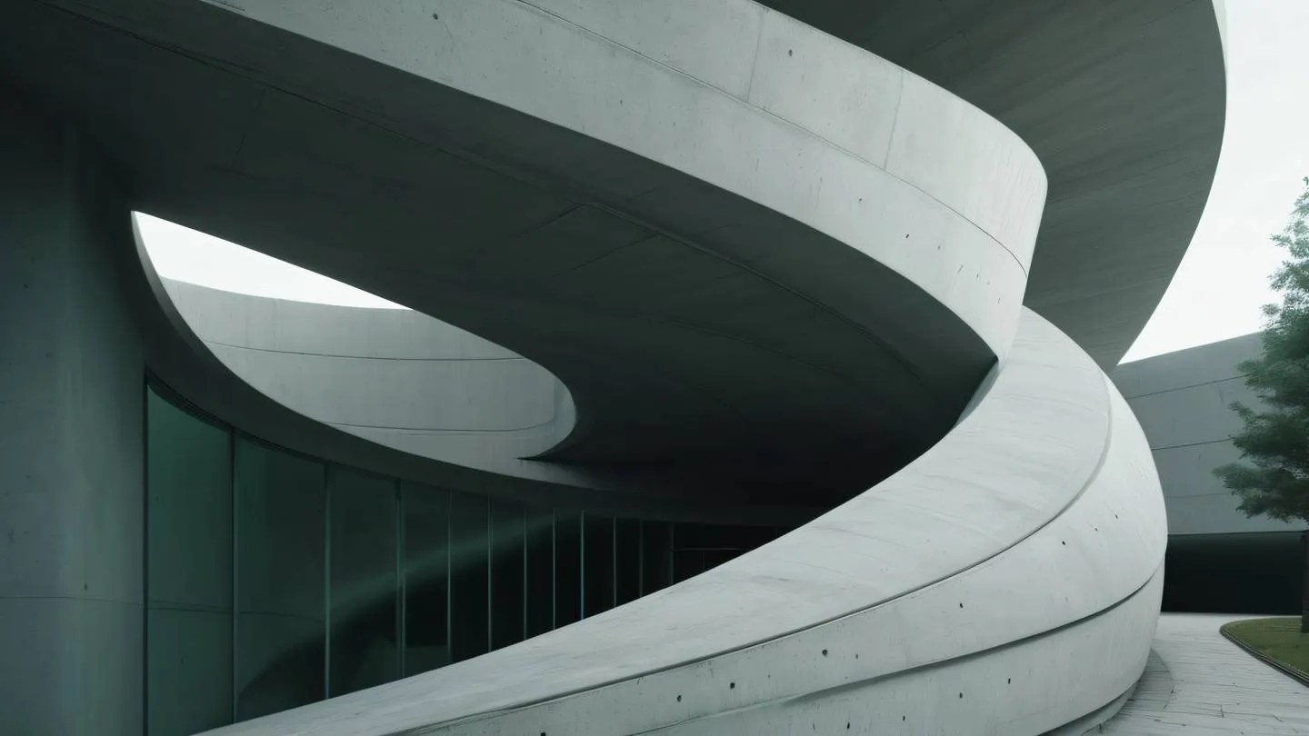 Abstract architectural curves and lines forming a continuous flow reminiscent of modern concrete structures. Color palette: Pine green with light gray accents. Camera angle: Dutch angle (tilted) perspective creating dynamic composition. Style: high-quality ultra-realistic cinematic 8K UHD high resolution sharp and detail