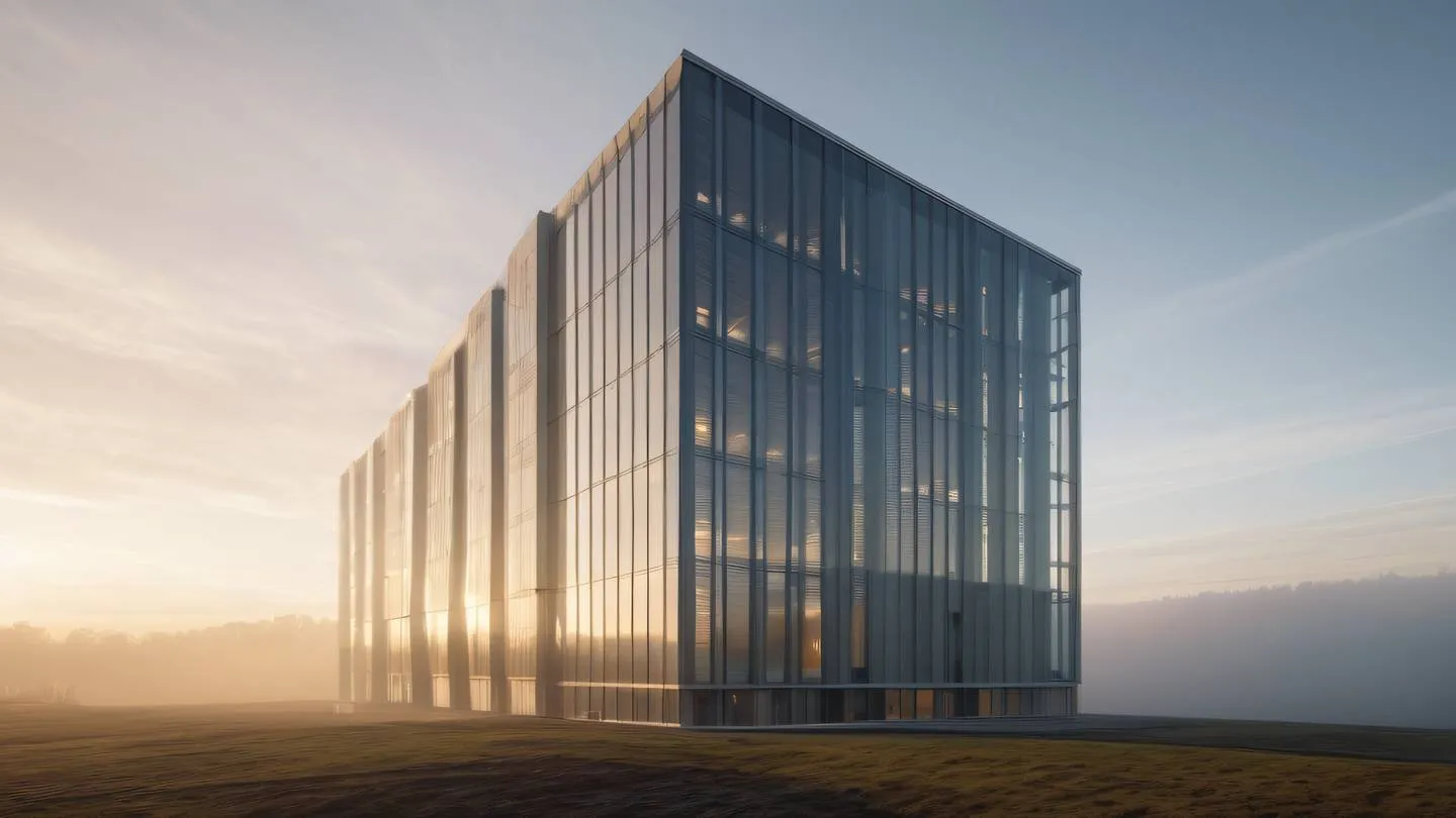 Modern building with glass facade emerging from morning mist architectural photography from ground level perspective clay and warm tones cinematic lighting soft sunbeams filtering through clouds high-quality ultra-realistic cinematic 8K UHD high resolution sharp and detail