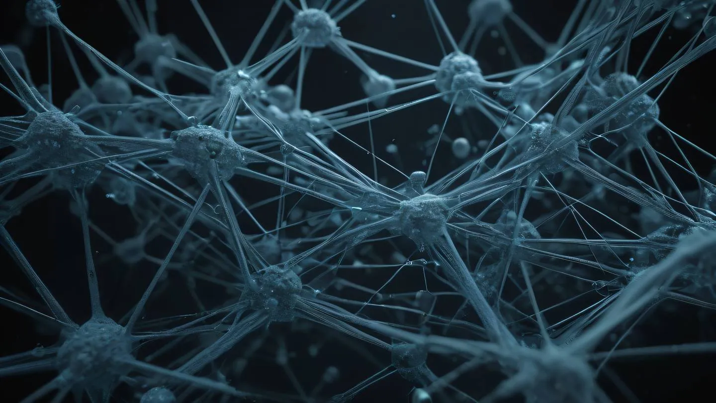 Crystalline network structure symbolizing interconnected data points in dusty blue and concrete colors against black background shot from low angle perspective high-quality ultra-realistic cinematic 8K UHD high resolution sharp and detail