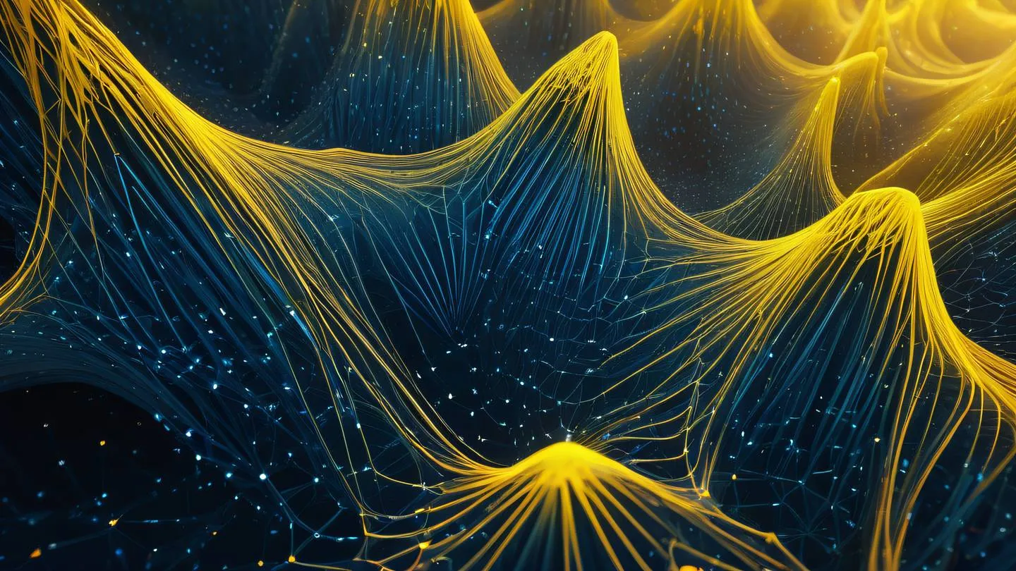 Abstract geometric pattern of flowing data streams and interconnected nodes featuring bright sunshine yellow and sapphire blue gradient transitions sharp crystalline formations representing digital architecture captured from a top-down perspective high-quality ultra-realistic cinematic 8K UHD high resolution sharp and detail