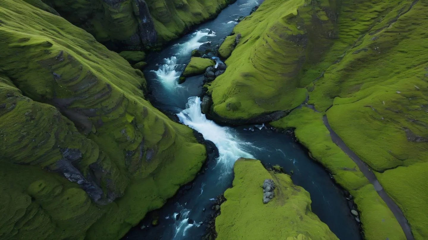 Minimalist flowing river through an Iceland canyon with fluorescent green moss-covered rocks and white water rapids shot from aerial drone perspective high-quality ultra-realistic cinematic 8K UHD high resolution sharp and detail