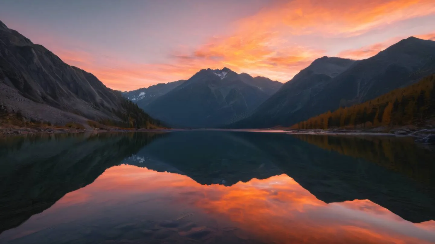 Serene mountain lake reflection at sunset with neon orange and salmon-orange colors reflecting on still water captured from low angle perspective at water level high-quality ultra-realistic cinematic 8K UHD high resolution sharp and detail