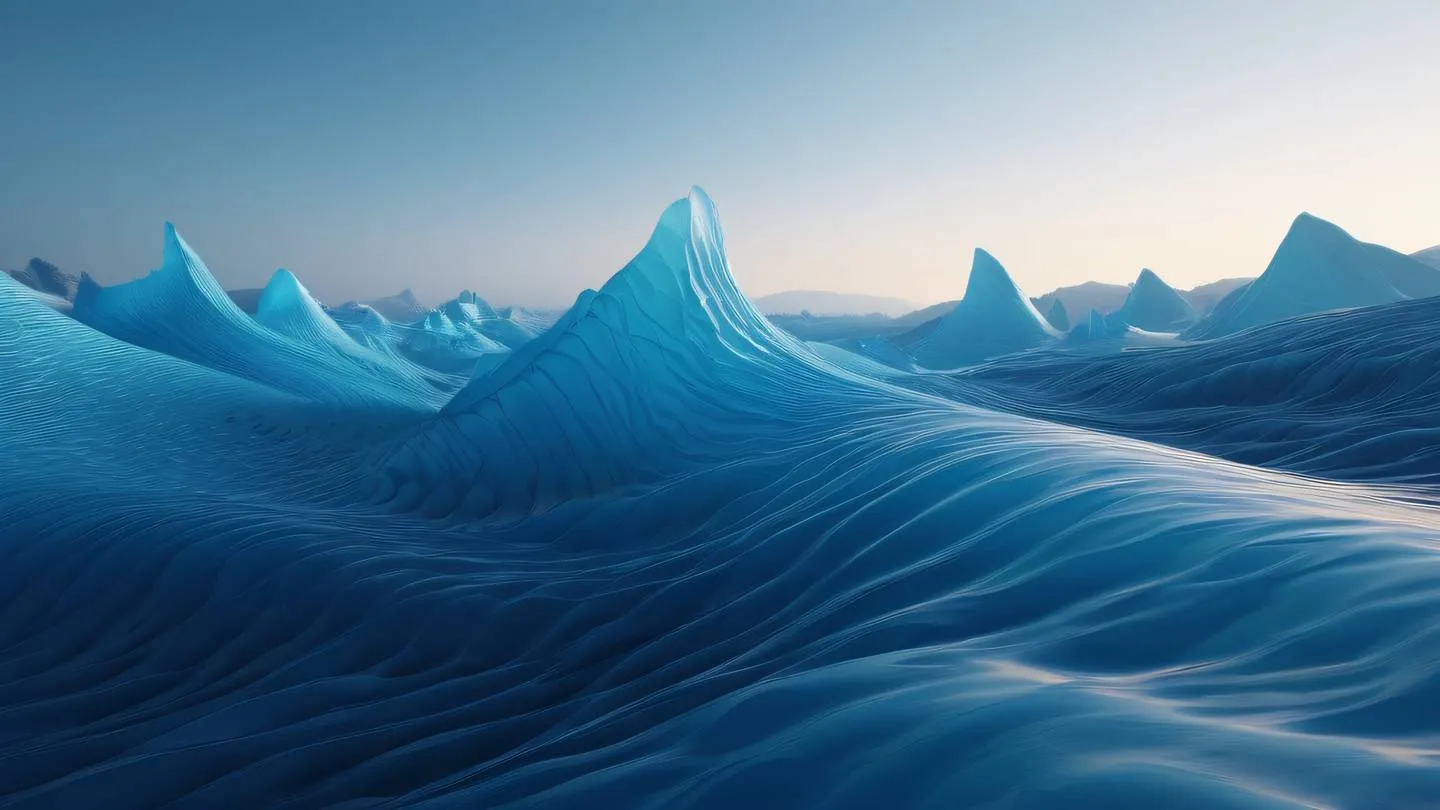 Dynamic abstract landscape with flowing curves and waves featuring baby blue and sapphire blue color gradients crystalline structures emerging from horizon shot from dramatic low angle perspective high-quality ultra-realistic cinematic 8K UHD high resolution sharp and detail