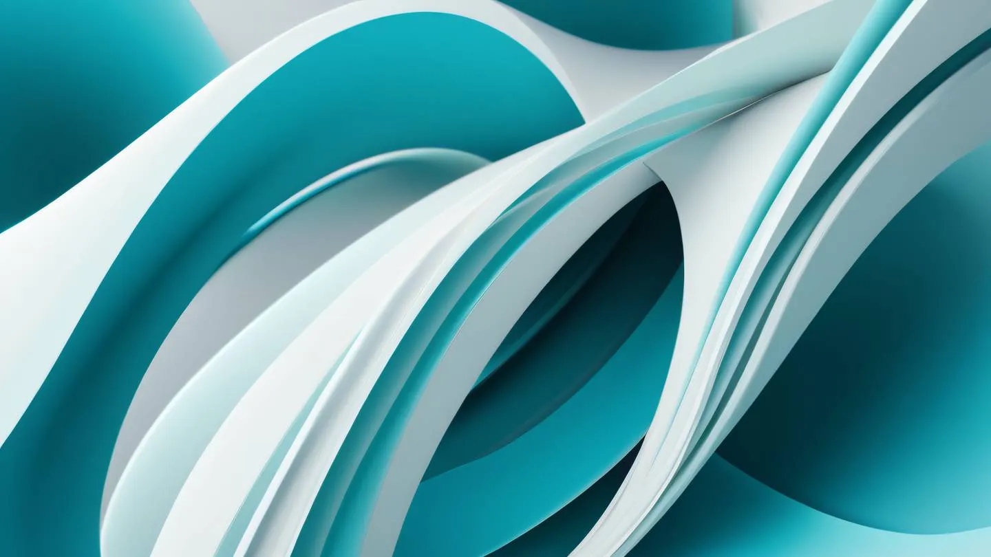 A modern abstract composition featuring interweaving smooth curves and geometric shapes dominated by turquoise blue and white shot from above with depth of field blur high-quality ultra-realistic cinematic 8K UHD high resolution sharp and detail