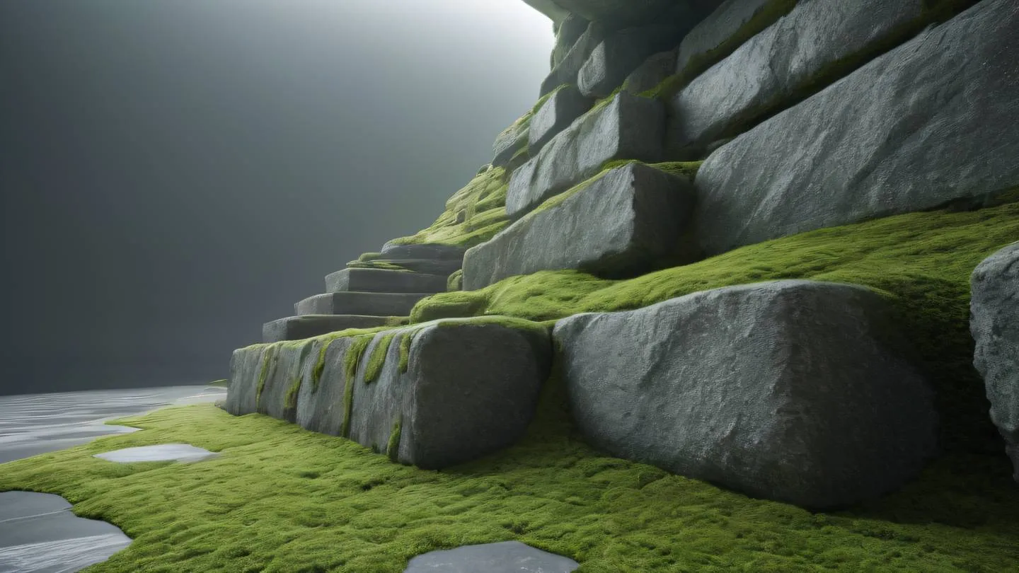 Abstract architectural visualization with flowing stone textures and clean lines featuring natural moss green accents against light gray surfaces captured from a low angle perspective high-quality ultra-realistic cinematic 8K UHD high resolution sharp and detail