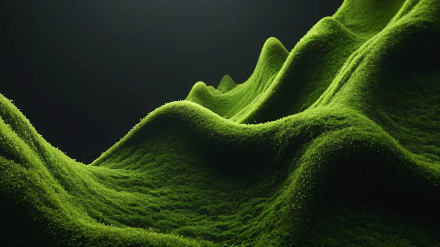 Organic flowing shapes with bright fresh moss green and metallic black elements creating a dynamic composition with smooth transitions viewed from a diagonal angle high-quality ultra-realistic cinematic 8K UHD high resolution sharp and detail