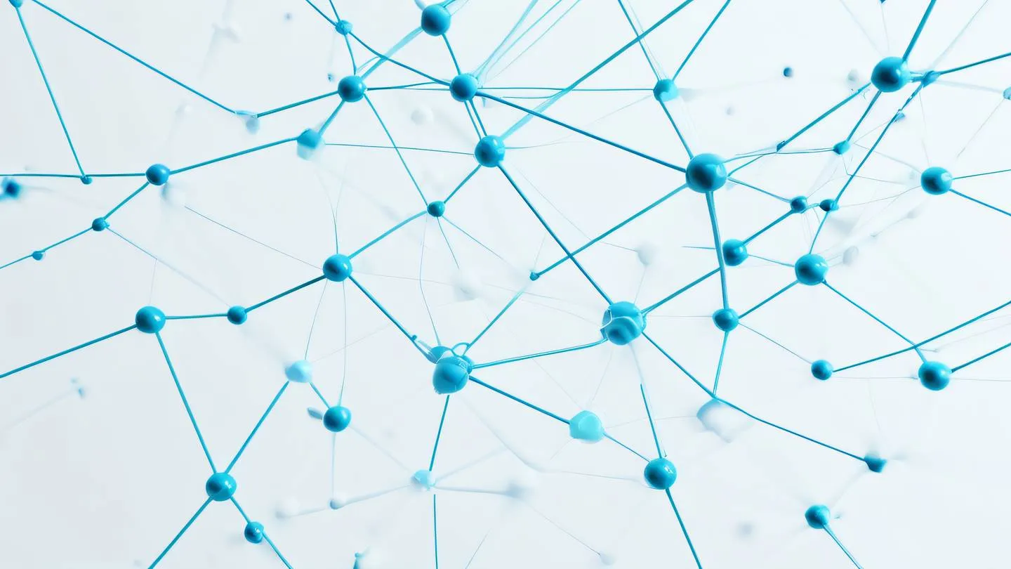 A minimalist abstract composition showing interconnected geometric shapes representing web connectivity featuring flowing lines and dots in bright cyan and electric blue tones against a pure white background shot from top-down perspective high-quality ultra-realistic cinematic 8K UHD high resolution sharp and detail