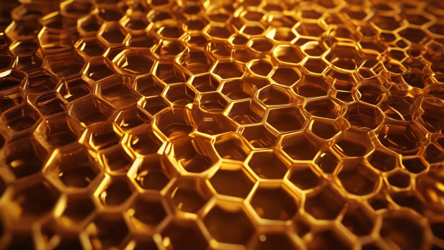 Macro shot of intricate golden honeycomb patterns with flowing liquid amber and warm orange gradients representing structured data organization captured from a 45-degree angle high-quality ultra-realistic cinematic 8K UHD high resolution sharp and detail