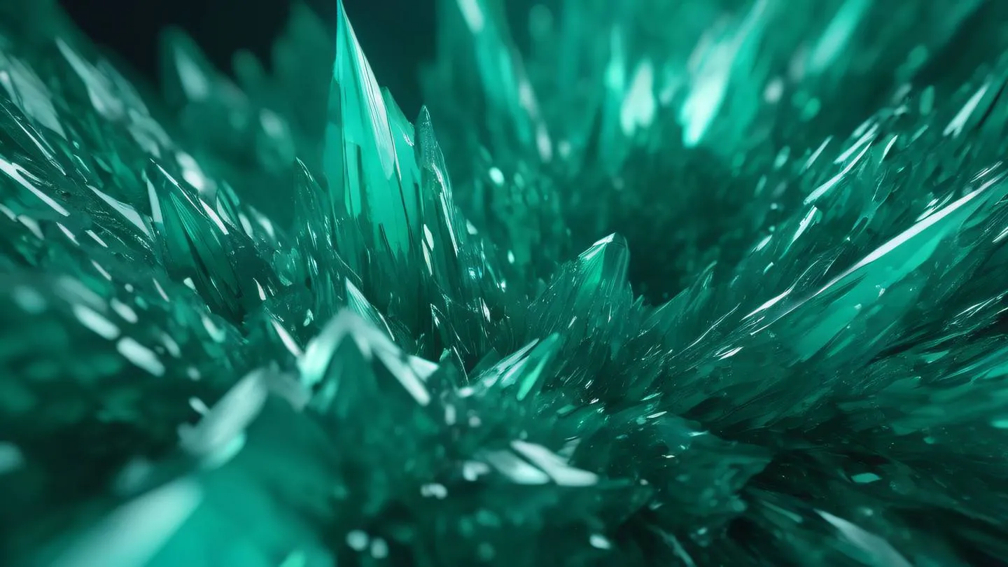 Close-up of crystalline formations with emerald green and turquoise colors intertwining in abstract patterns representing data flow and optimization shot from a low angle perspective high-quality ultra-realistic cinematic 8K UHD high resolution sharp and detail