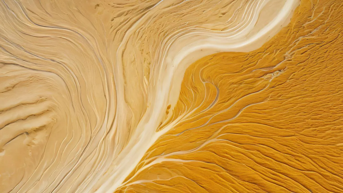 Bird's eye view of meandering river channels forming natural patterns in bright golden yellow and warm orange tones against white sandy backdrop symbolizing the flow of data and connectivity high-quality ultra-realistic cinematic 8K UHD high resolution sharp and detail