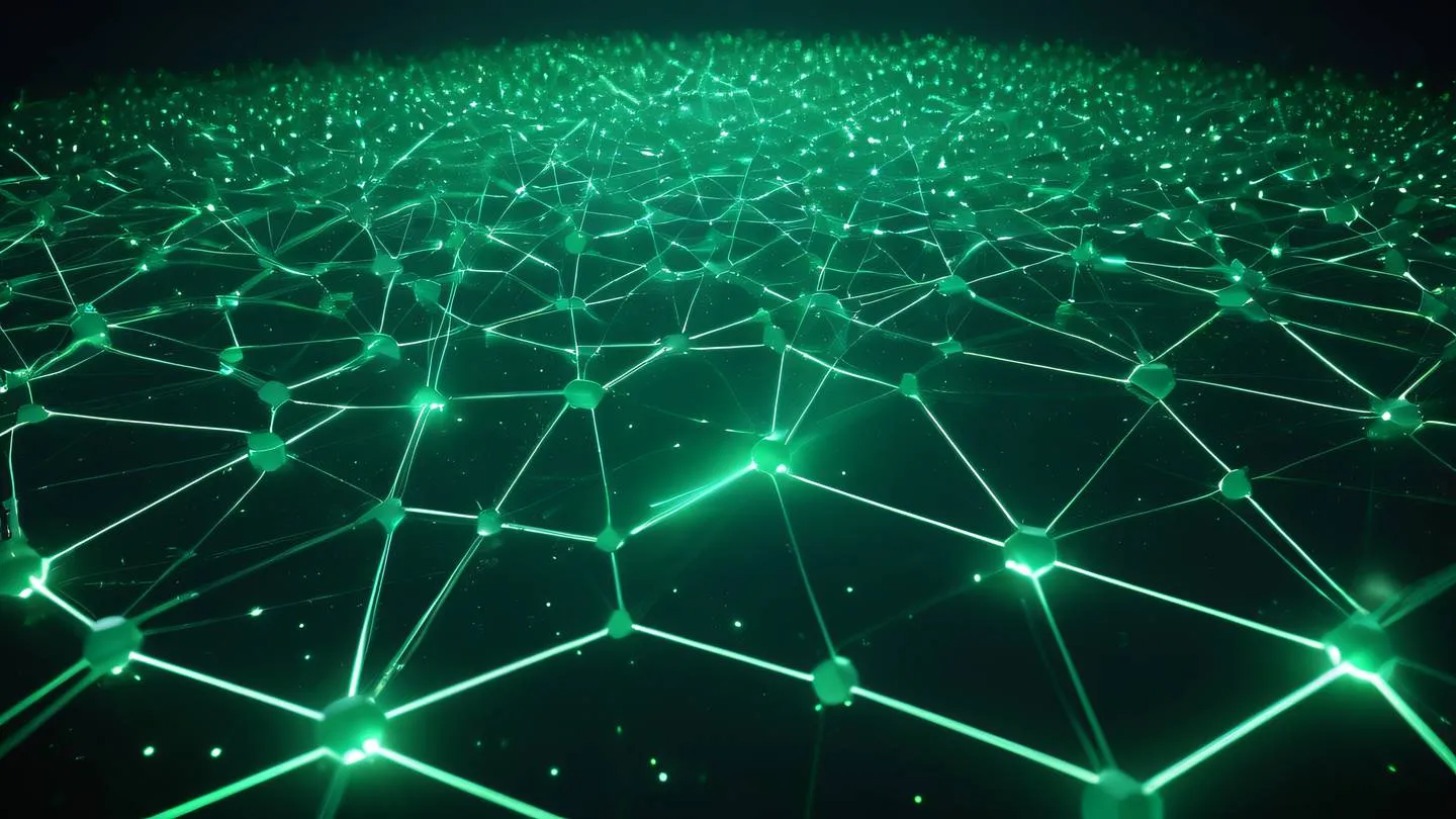 A futuristic network of interconnected hexagonal nodes floating in space with bright emerald green energy streams flowing between them ultra-realistic cinematic 8K UHD high resolution sharp and detail