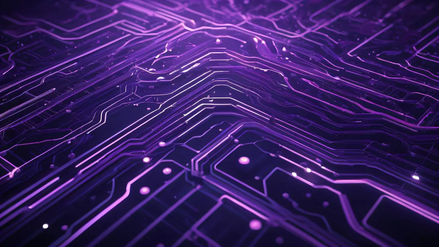 Abstract technological landscape with flowing purple circuits and pathways interconnected geometric shapes representing data flow high-quality ultra-realistic cinematic 8K UHD high resolution sharp and detail