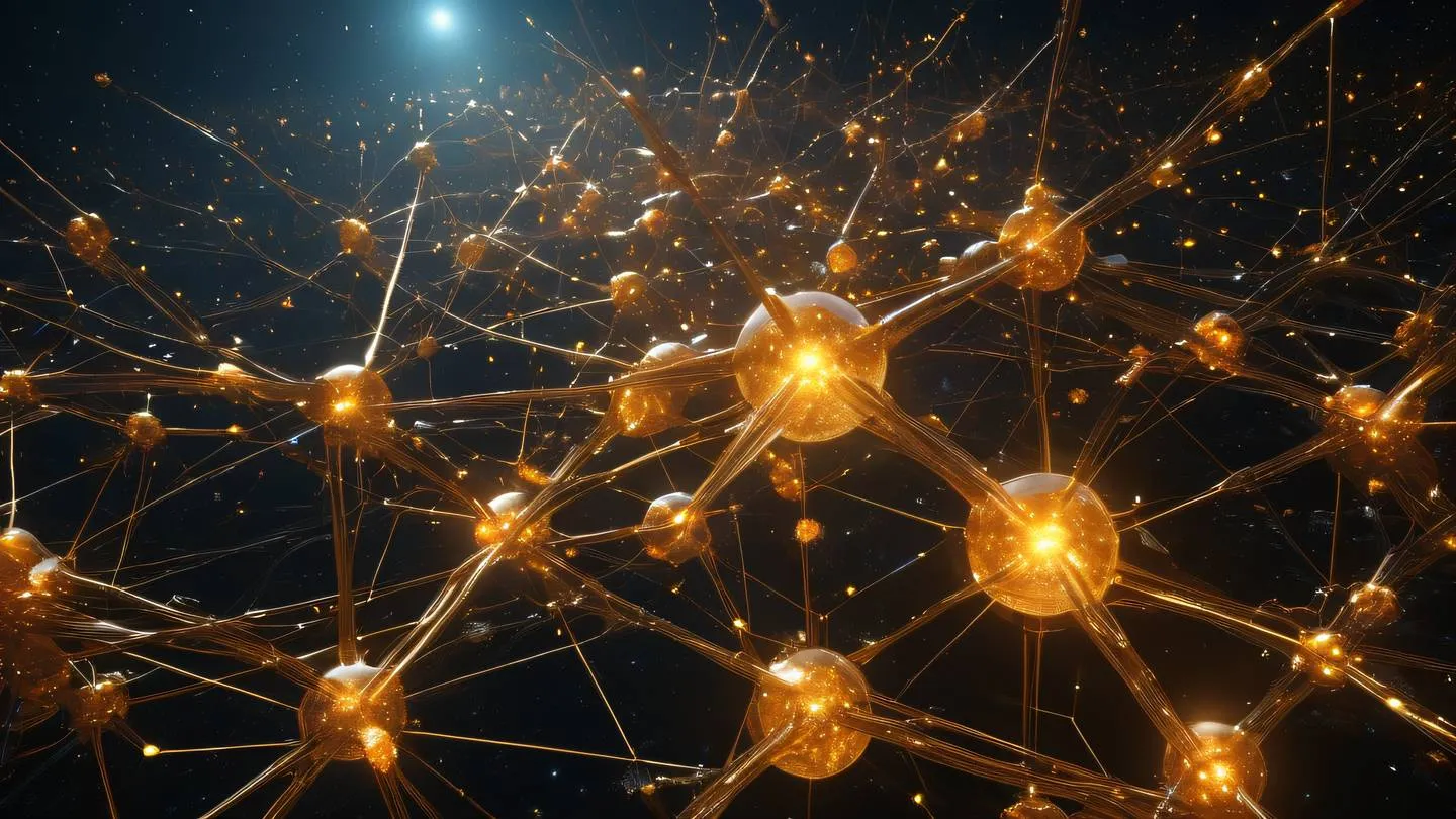 A complex network of bright amber crystalline structures floating in deep space representing interconnected systems with energy pulses flowing between nodes high-quality ultra-realistic cinematic 8K UHD high resolution sharp and detail