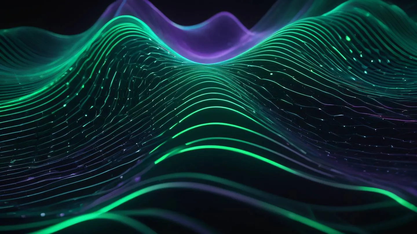 Abstract technological waves of bright emerald and purple energy forming a complex matrix pattern against a dark background representing data flow and system connectivity high-quality ultra-realistic cinematic 8K UHD high resolution sharp and detail