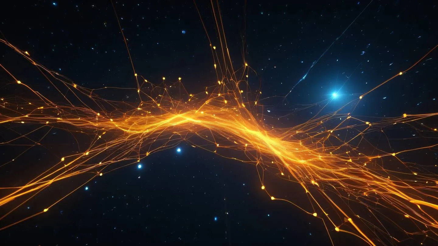 Abstract digital network connections floating in space with vibrant orange and yellow energy streams flowing between nodes featuring bright neon colors against deep space background high-quality ultra-realistic cinematic 8K UHD high resolution sharp and detail