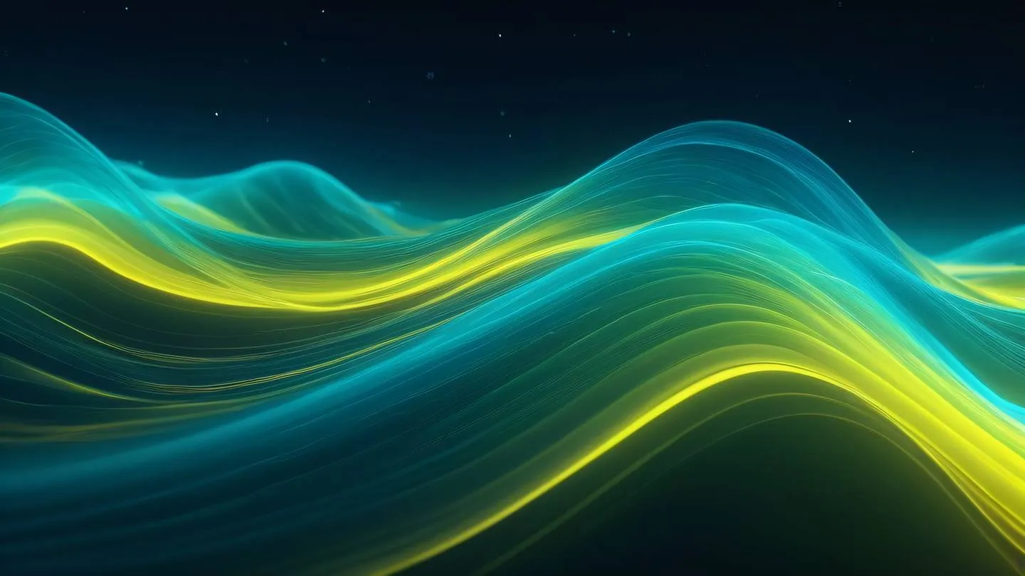 Flowing abstract waves of digital data visualized as streams of bright sky blue and vivid yellow light resembling aurora borealis in motion high-quality ultra-realistic cinematic 8K UHD high resolution sharp and detail