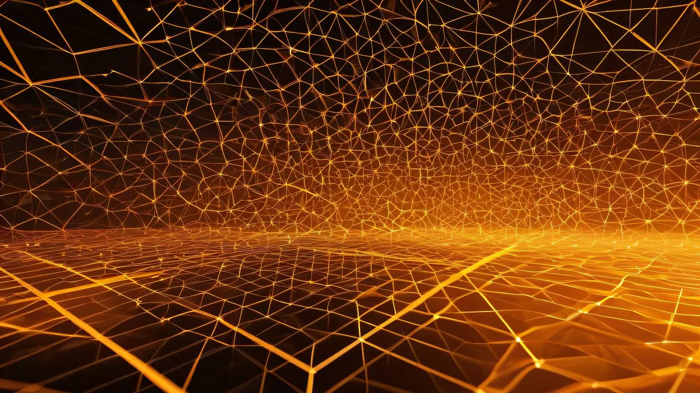 Dynamic geometric patterns forming interconnected networks with bright orange and vivid yellow gradients floating in a minimalist space high-quality ultra-realistic cinematic 8K UHD high resolution sharp and detail