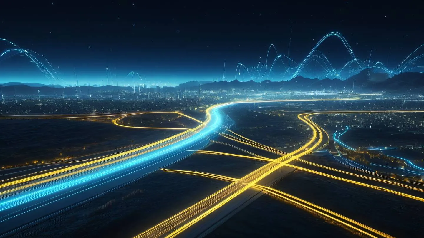 Abstract technology landscape with flowing data streams and connection points featuring bright sky blue and vivid yellow light trails against a dark background high-quality ultra-realistic cinematic 8K UHD high resolution sharp and detail